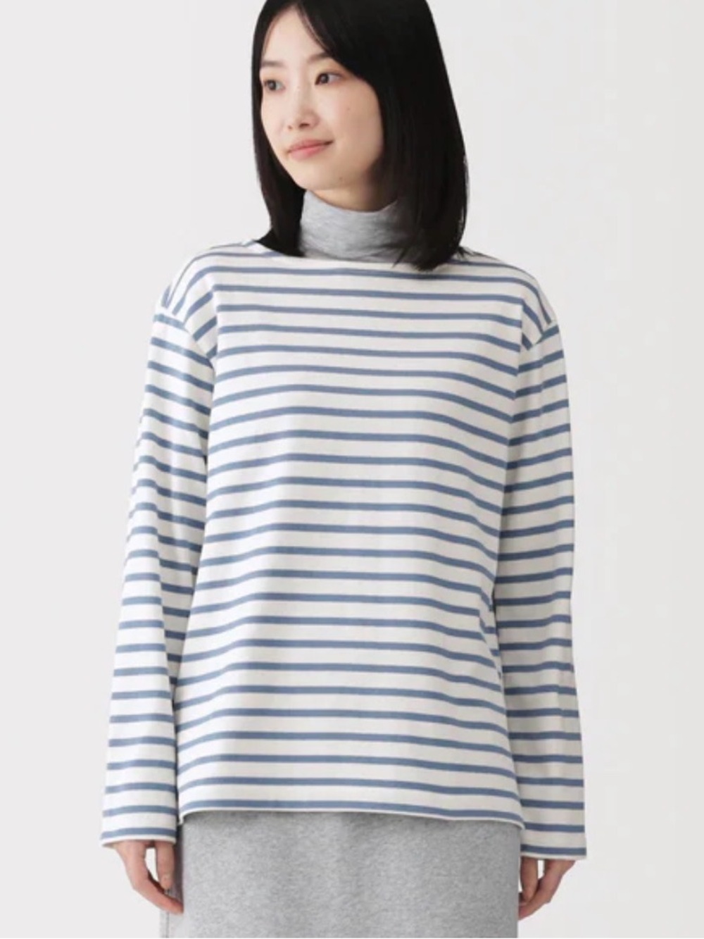 MUJI Heavyweight Cotton Striped Long Sleeve Boatneck Tee - Blue & White